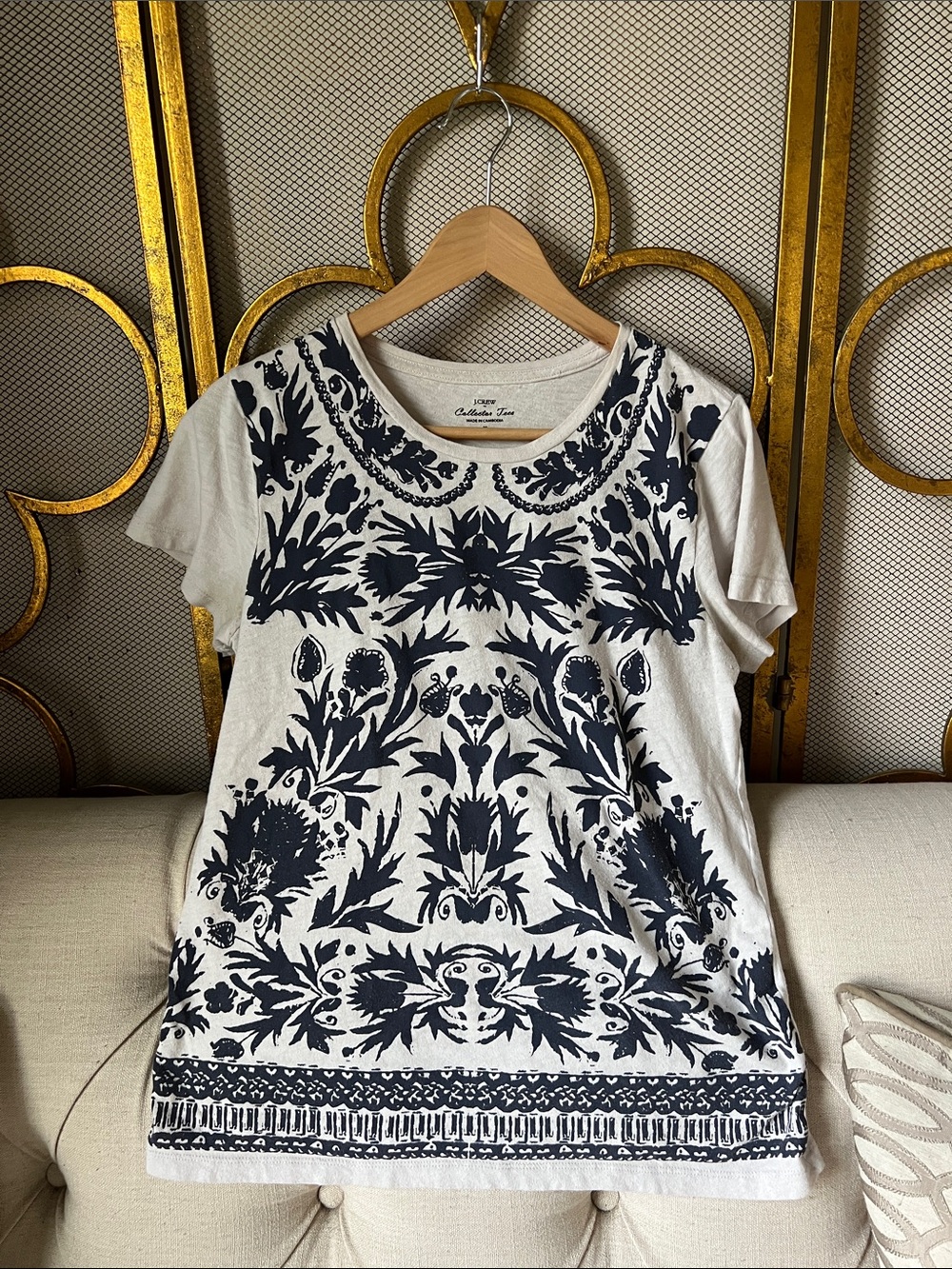 Coldwater Creek Cream Tee with Navy Floral Print